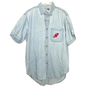 VTG Pro Edge NHL Button Up Shirt Men's Size Large Blue Denim New Jersey Devil's